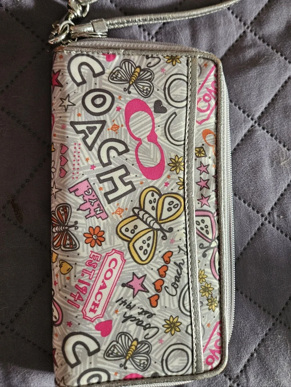 Coach Pink, Gray & Yellow Zip Wallet with Butterfly Doodle Print